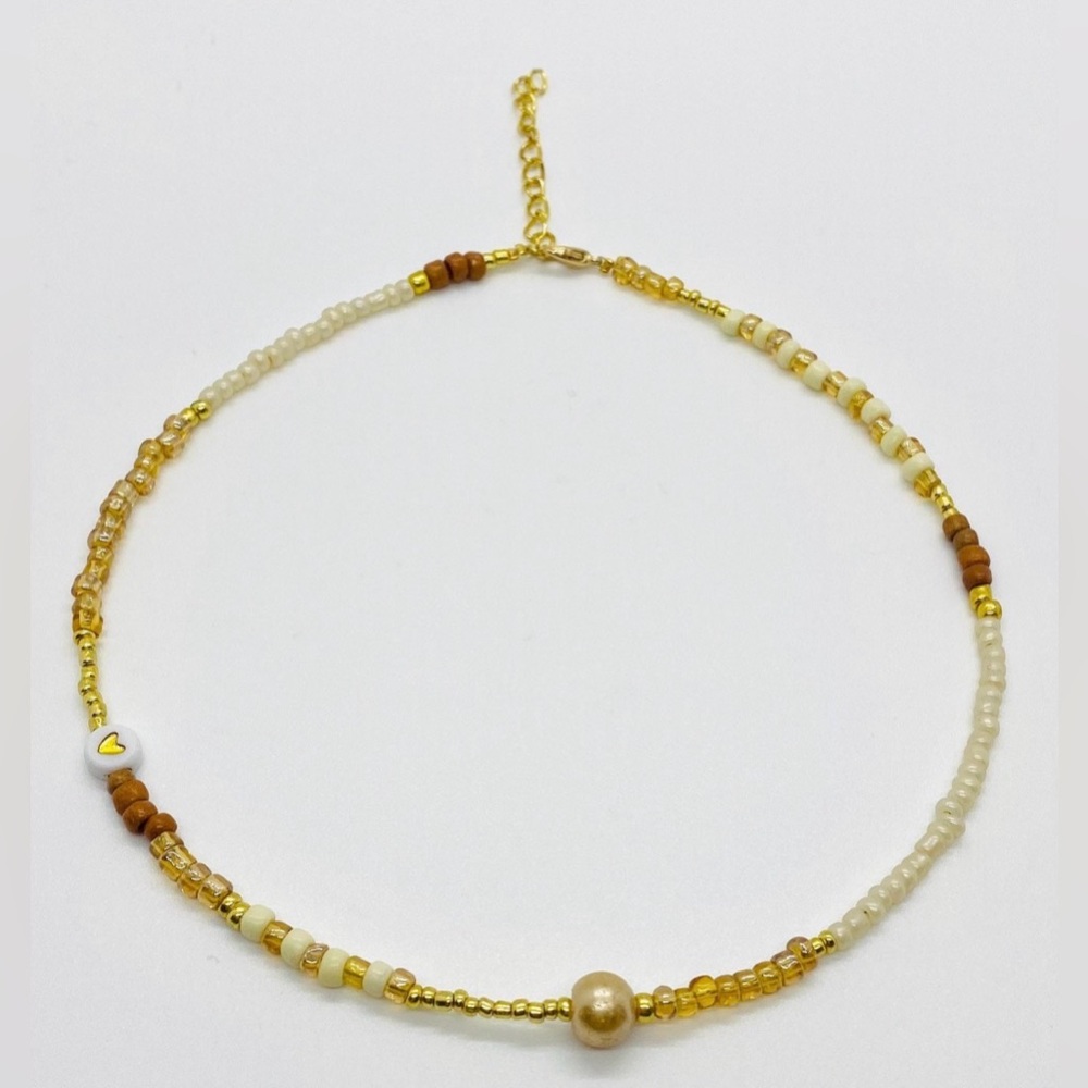 Cream Tan Gold Beaded Necklace Heart Pearl Charms Boho Y2K Fall Festival Preppy - Picture 5 of 7